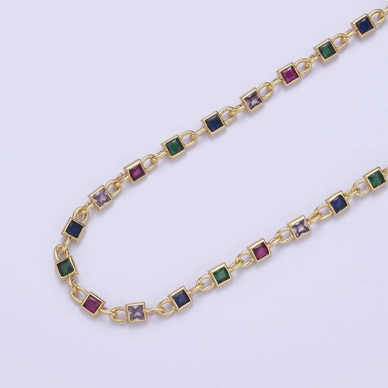 24K Gold Filled 6mm Clear Rectangle Cut Bezel Chain by Yard, Station Necklace CZ Diamond by Foot for Necklace Bracelet Jewelry Making | ROLL-777 Clearance Pricing 1 Yard