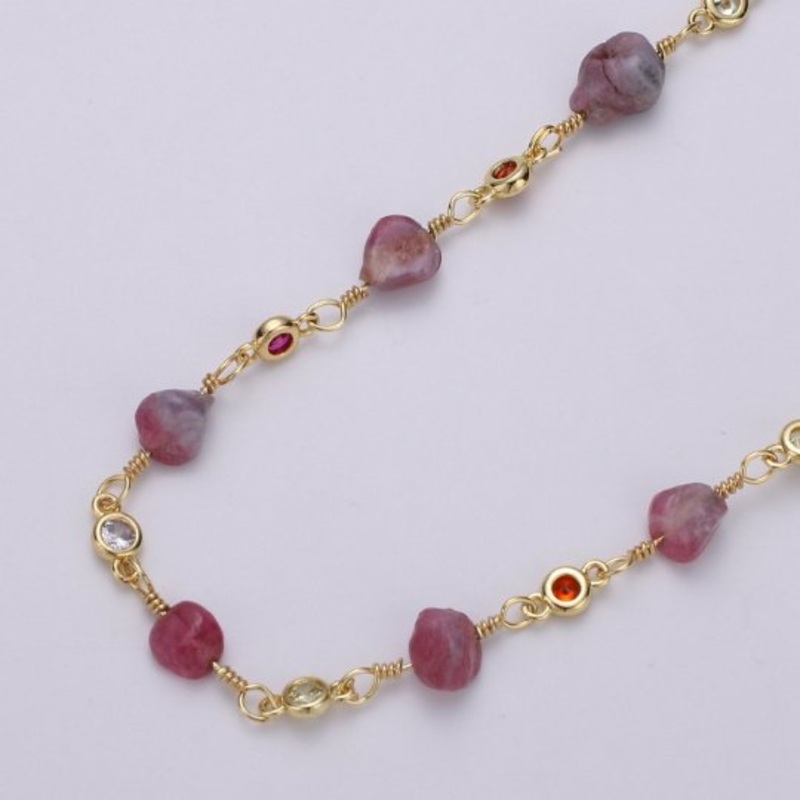 24K Gold Filled Chain by Yard, Rhodonite Micro Pave, Cubic Round Charm Chain, Multicolor Rhondonite | ROLL-328 Clearance Pricing