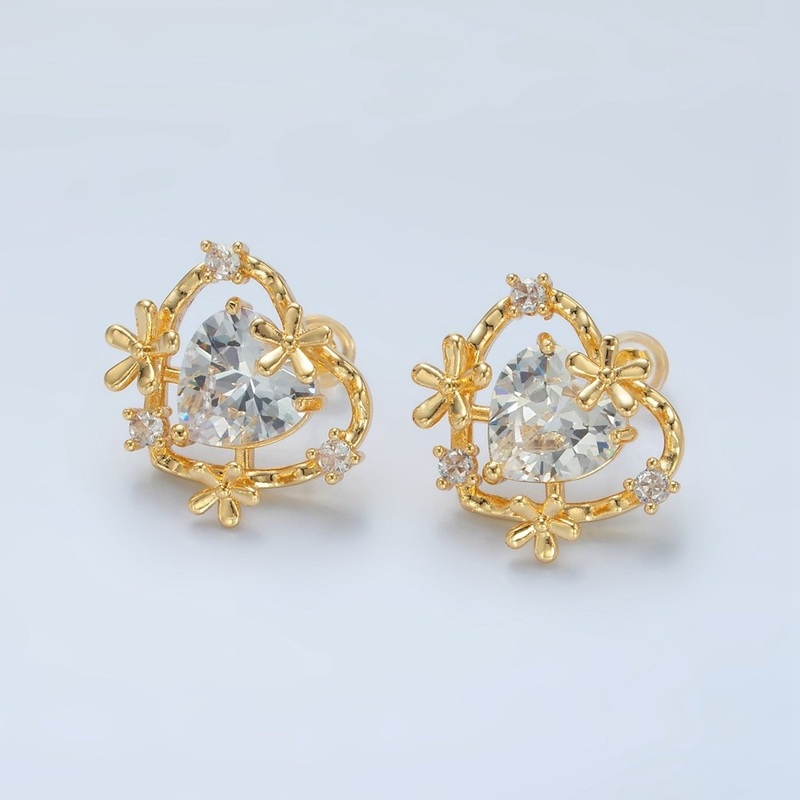24K Gold Filled Clear CZ Heart Flower Open Bezel Stud Earrings | AD749