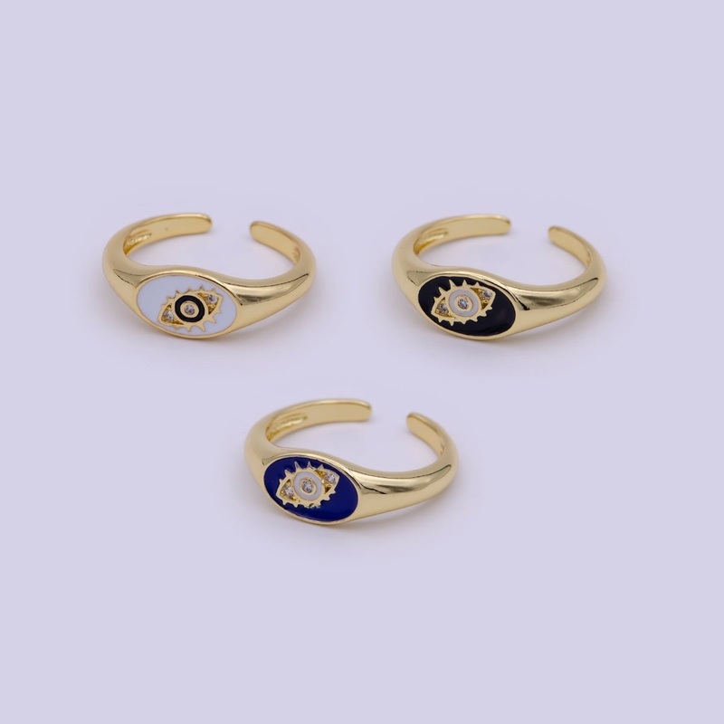 24K Gold Filled Navy Blue, White, Black Enamel Evil Eye CZ Crystal Zirconia Adjustable Stacking Ring | U-401-U-403 Navy Blue