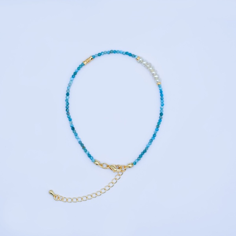 24K Gold Filled Shell Pearl Blue Aquamarine Gemstone 8 Inch Bracelet | WA-2880