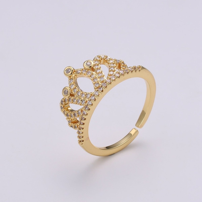Crown Cubic Mini Pendant, Queen Cubic Pave 24K Gold Plated Charm Ring, Solitaire CZ Pendant Double Ring, Dainty ring Charm, R-440