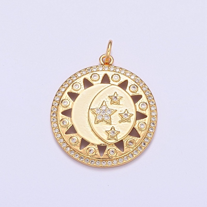 Micro Paved Celestial Sun Crescent Moon Stars Medallion Charm | X-112