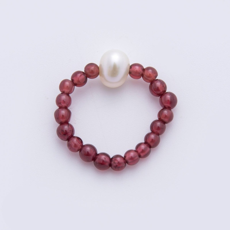 Natural Gemstone Red Garnet Handmade Rice-Shaped Pearl Adjustable Stretch Ring | O-2113