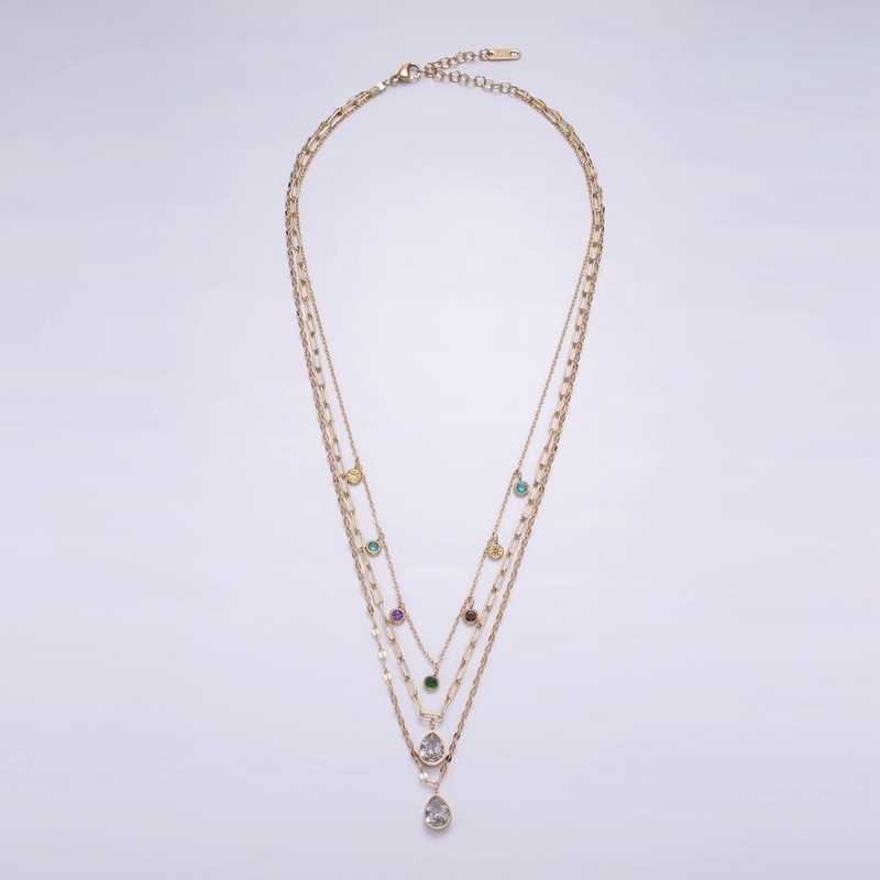 Stainless Steel Multicolor Drop Sunburst, Paperclip, Cable Chain Triple Layering Necklace | WA-2553