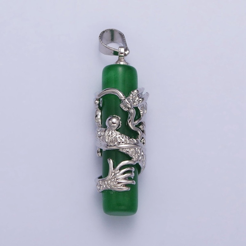 White Gold Filled Dragon Green Jade Cylinder Bar Amulet Pendant | AA102