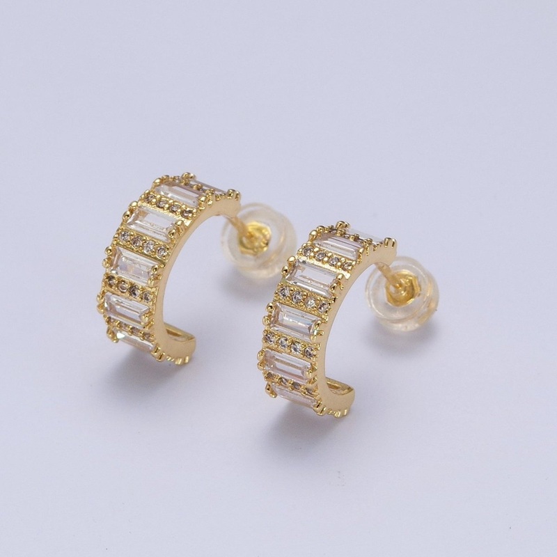 14.5mm Clear Baguette Micro Paved CZ Band C-Shaped Gold Stud Hoops Earrings | AB008
