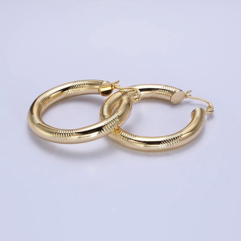 14K Gold Filled 35mm, 45mm, 55mm Line-Textured Statement Latch French Lock Hoop Earrings | AB207 – AB209 35mm