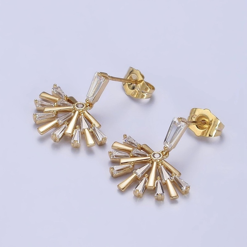 14K Gold Filled Baguette Fan Drop Dangle Clear Stud Earrings | AB334
