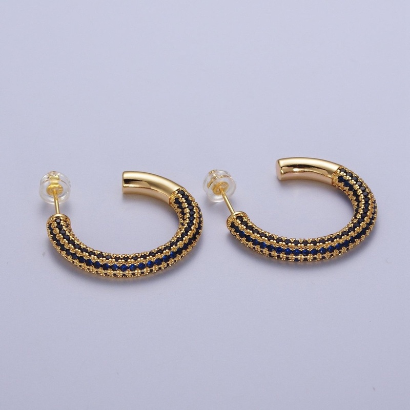14K Gold Filled Blue Micro Paved CZ C Shaped Hoop Studs | AD-106