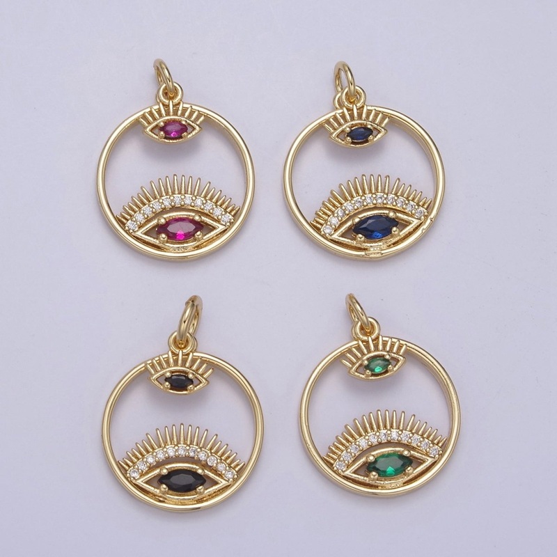 14K Gold Filled Evil Eye Charm Gold Disc Evil Eye Pendant, Cubic Medallion Coin, Double Eye Charm, Micro Pave Necklace Charm N-695 – N-698 Blue