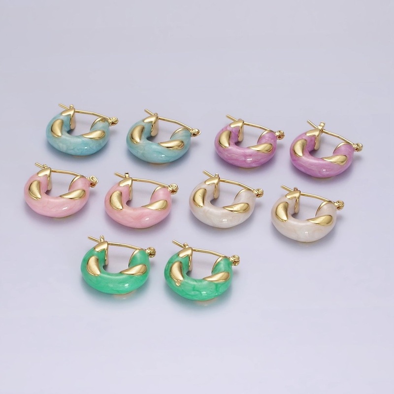 14K Gold Filled White, Blue, Purple, Pink, Green Enamel Curved Line Chubby Latch Hoop Earrings | V-234 – V-237 White