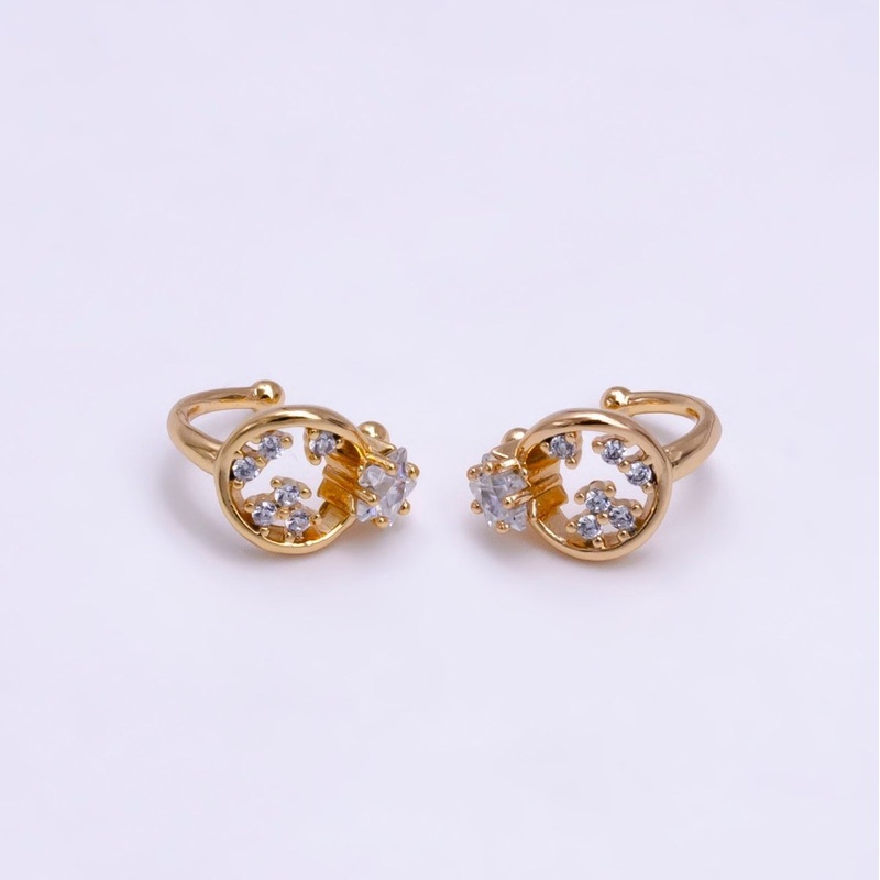 16K Gold Filled Clear CZ Celestial Star Open Round Ear Cuff Earrings | AI096 Left