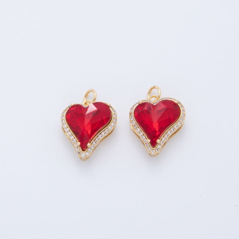 18K Gold Filled 20mm Red CZ Micro Paved Heart Charm | AF409