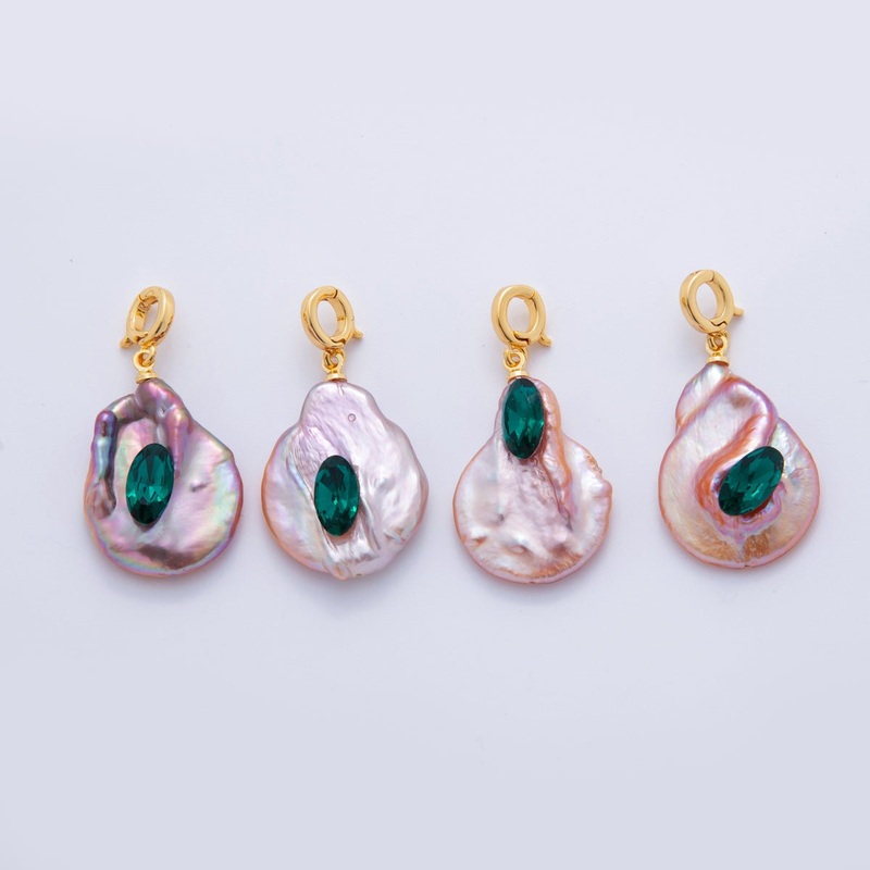 18K Gold Filled Green Oval CZ Pink Freshwater Pearl Snap Latch Rhondelle Drop Pendant | AH702