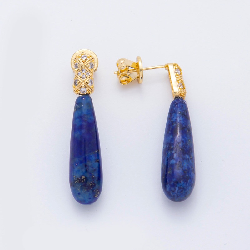 18K Gold Filled Lapis Lazuli Drop Micro Paved CZ Quilted Drop Stud Earrings | AJ231