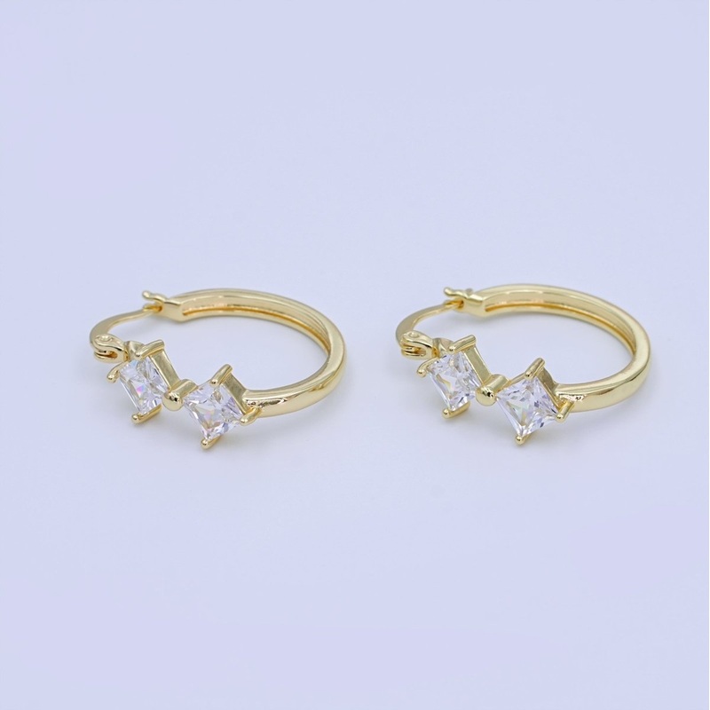 24K Gold Filled 25mm Rhombus CZ Latch Hoop Earrings | AI421