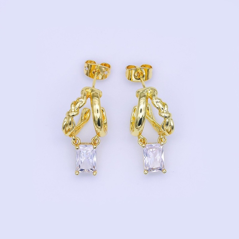 24K Gold Filled Baguette CZ Knot Double Band C-Shaped Hoop Earrings | AI517