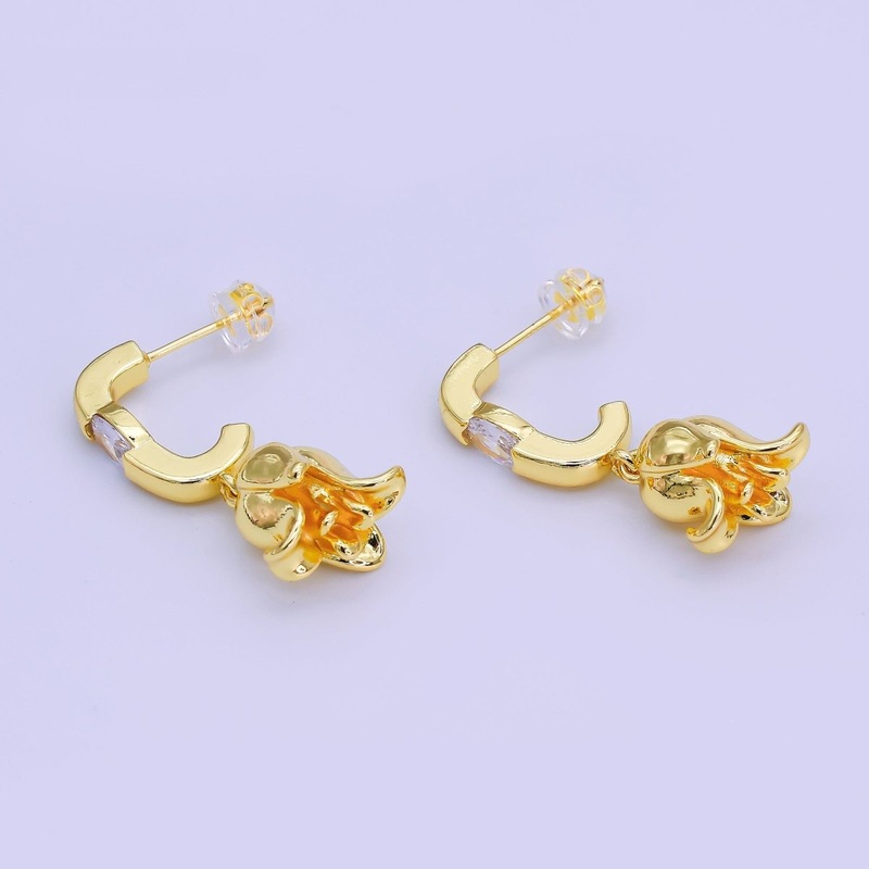 24K Gold Filled Oval CZ Flower J-Shaped Drop Hoop Earrings | AI443