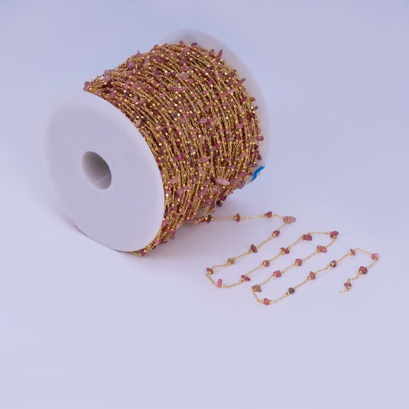 24K Gold Filled Pink Tourmaline Crystal Gemstone Link Unfinished Chain by Yard | Roll-1660