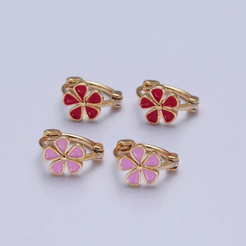 Dainty Enamel Flower Huggie Earring Red Pink Daisy Earring T-445 T-446 Pink
