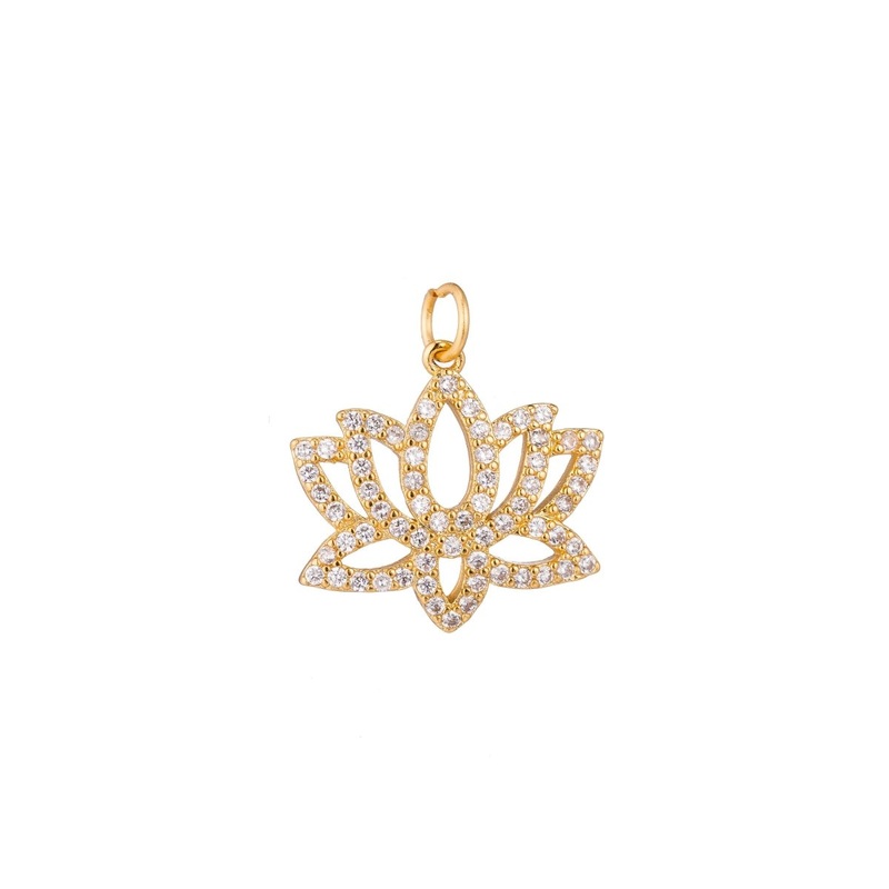 Gold Lotus Flower, Yoga Yogi Lover, Enlightenment, Chakra, Cubic Zirconia Necklace Pendant Charm Bead Bails Findings for Jewelry Making C-792 E-082 16×15.2 mm
