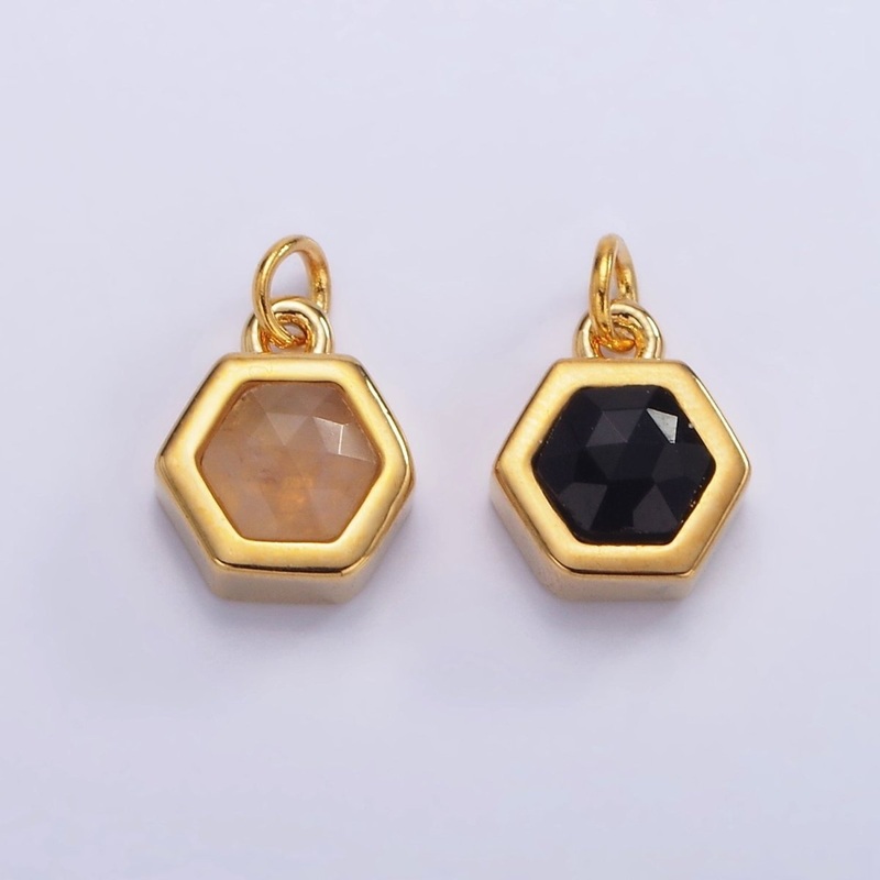 Mini 24K Gold Filled Hexagon Charm with Black / Peach Cubic Zirconia | AG-684 Black