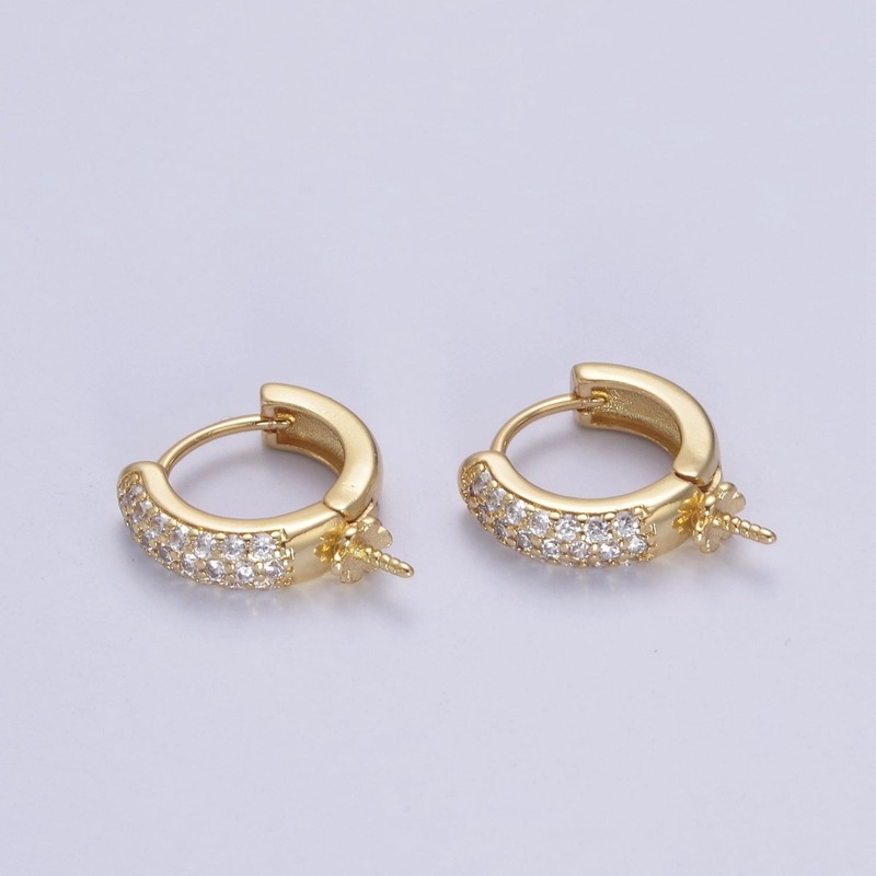 One Pair Gold Hoop Earring Finding DIY Pearl Peg Earring Mount Half Drilled Pearl Earring Settings L-681