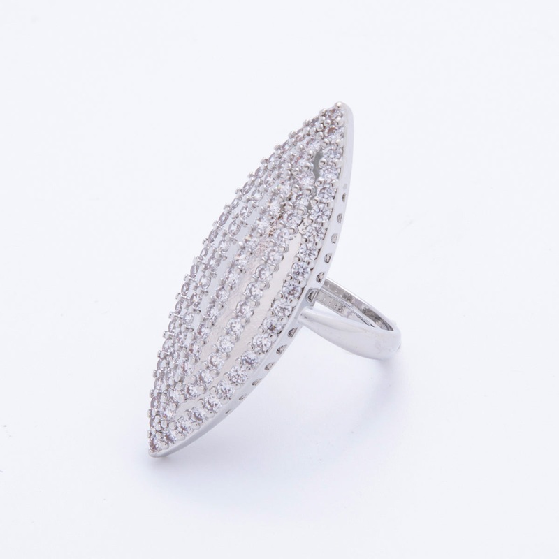 Rhodium Plated Micro Paved CZ Navette Solitaire Adjustable Ring | O288