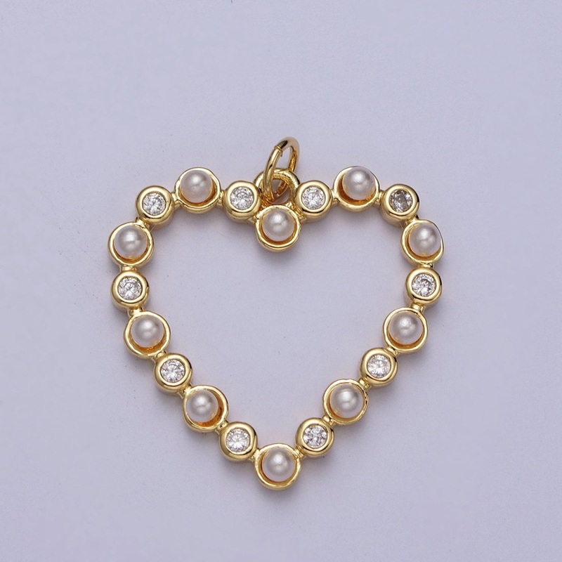 Round Pearl Clear CZ Lined Open Heart Charm E-446
