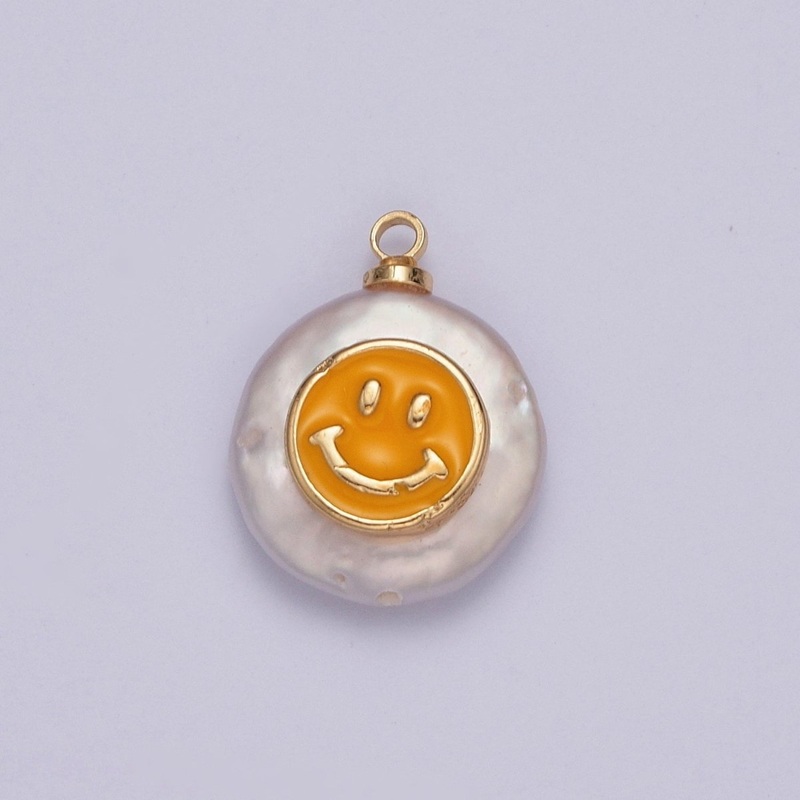 Round Smiley Face Enamel on Freshwater Pearl Charm For Jewelry Making | X-154