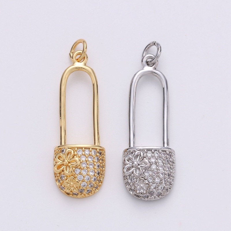 Small Safety Pin CZ Cubic Zirconia Charm – 18k gold plated over Brass Tiny Gold Pin Micro Pave Charm Pendant Mini Charm for bracelet Earring, D-051 D-052 Gold