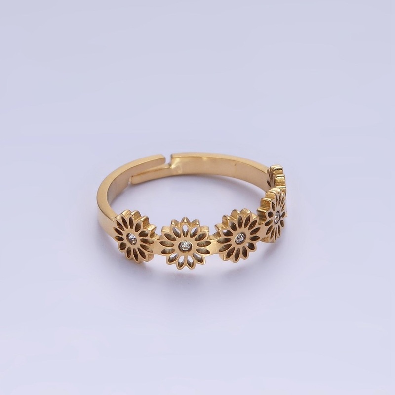 Stainless Steel Clear CZ Open Flower Nature Outlined Adjustable Ring | O1283