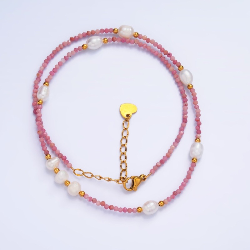 Stainless Steel Shell Pearl Pink Natural Gemstone 15 Inch Choker Necklace | WA-3100