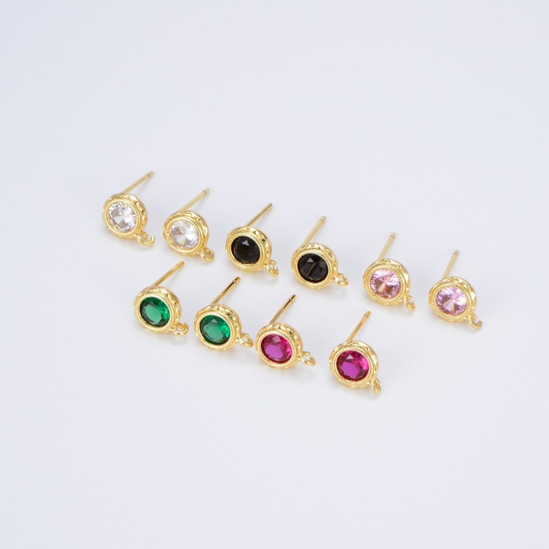 Tiny Cz Cubic Earring Post w/ open link, Nickel free, 15×7.6mm, 14K gold plated brass, CZ, Earring making post 1 pair L-268~L-274 L-323 Clear