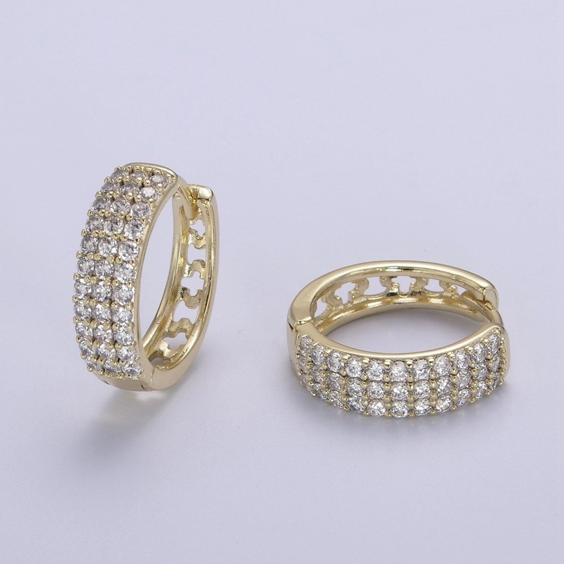 Triple Pave Gold Huggie Hoop Earrings, Thick Hoops, 3 Lines CZ Diamond Hoop Earrings V-152