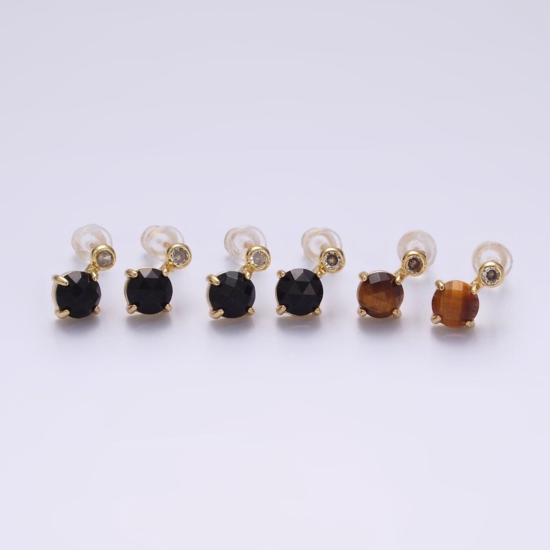 14K Gold Filled 11mm Tiger Eye, Black Agate Multifaceted Round CZ Drop Stud Earrings | V-046 ,  V-048 Tiger Eye – Rhombus Multifaceted