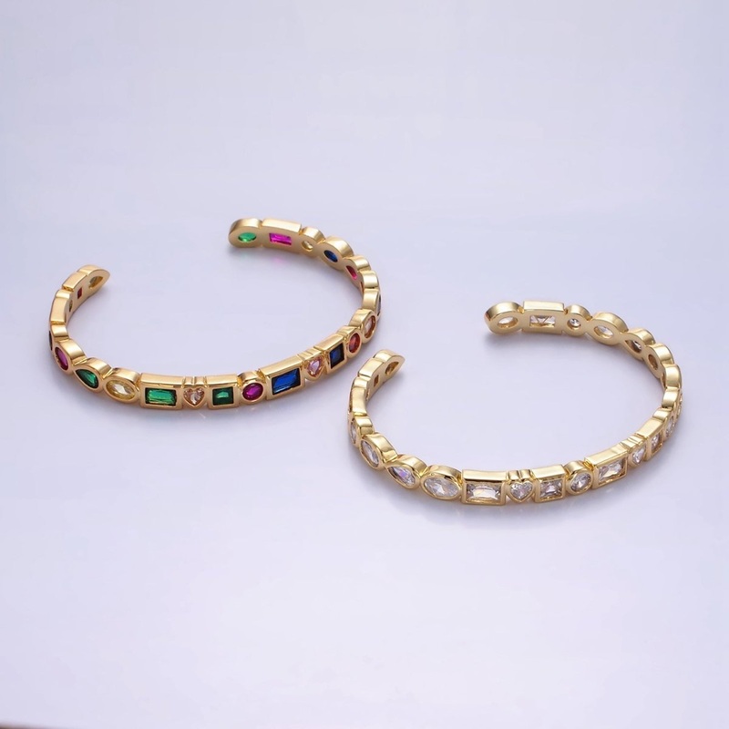14K Gold Filled Clear, Multicolor CZ Geometric Cuff Bracelet | WA-2527 WA-2528 Clear