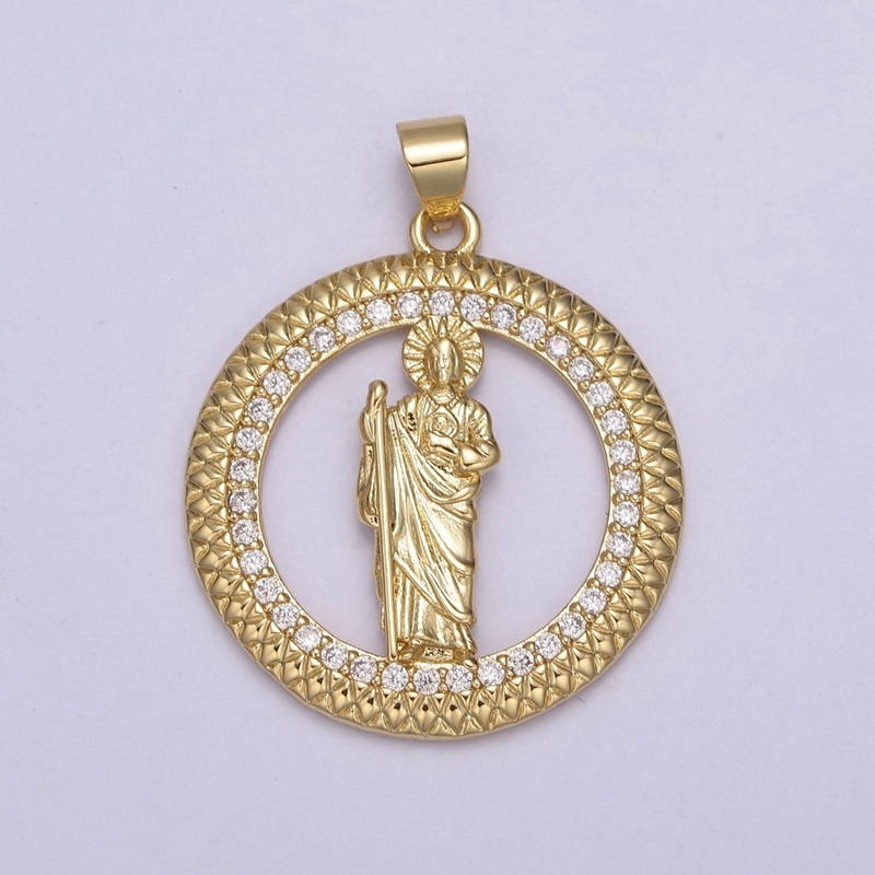 14K Gold Filled Saint Jude Round Religious Medallion Pendant Micro Pave San Judas Tadeo necklace Charm H-929