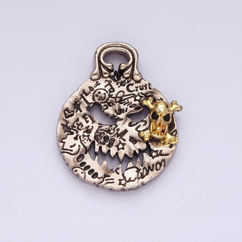 14K Gold Filled Skeleton Engraved Script Hammered Mixed Metal Pendant | P862