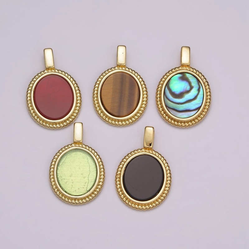 14K Yellow Gold Filled Oval Gemstone Medallion Pendant Abalone, Tiger Eye, Carnelian, Black ,Green Agate for Vintage Classic Minimalist Jewelry N-478 – N-482 Black Agate