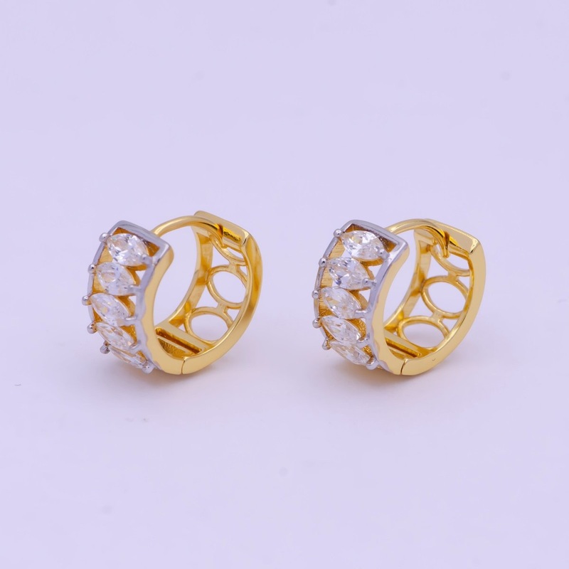 14mm Gold Marquise Cubic Zirconia Mixed Metal Cartilage Huggie Earrings | T-139