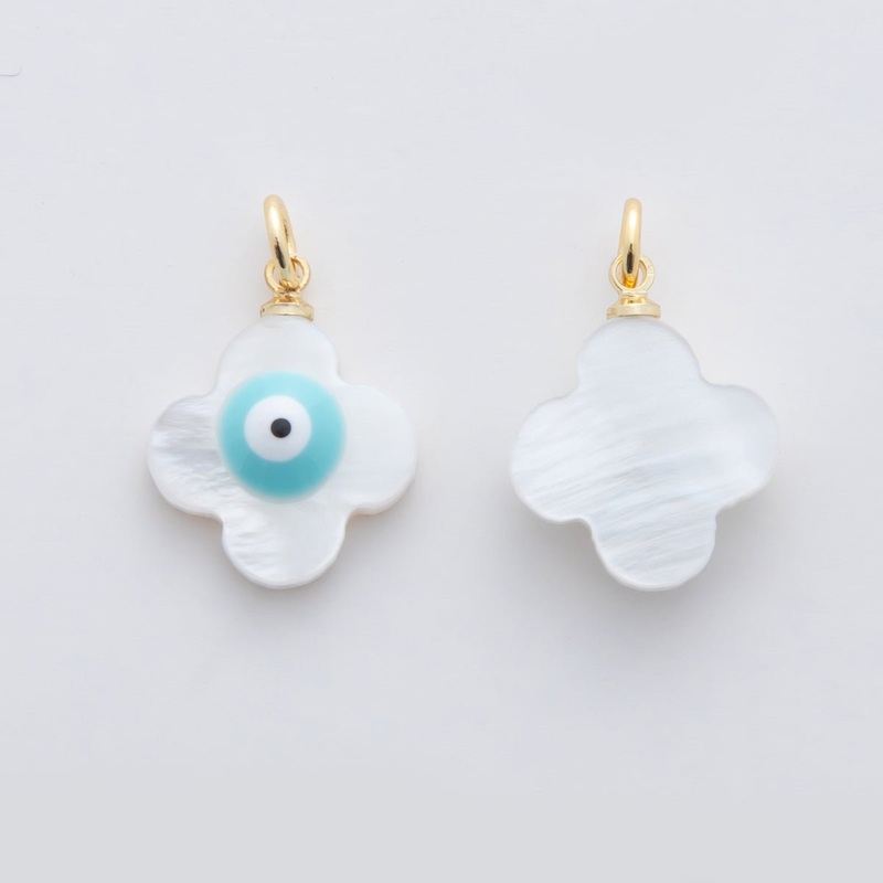 18K Gold Filled 22mm Blue Evil Eye Quatrefoil Shell Pearl Charm | AF334