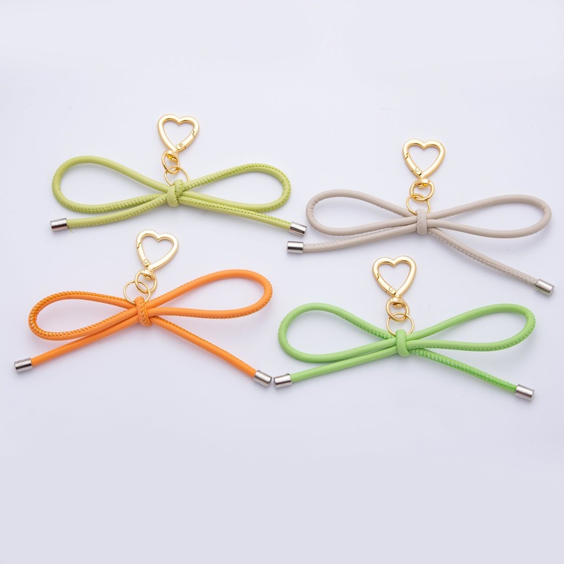 18K Gold Filled Green, Grey, Orange Ribbon Bow Knot Leather Bag Charm Keychain Heart Push Gate Key Ring Accessories | WB-00036 ~ WB-00039 Green