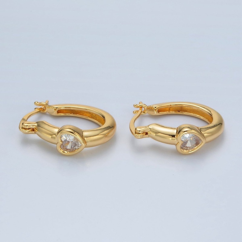 24K Gold Filled 20mm Heart CZ Oblong Latch Hoop Earrings | AB1229