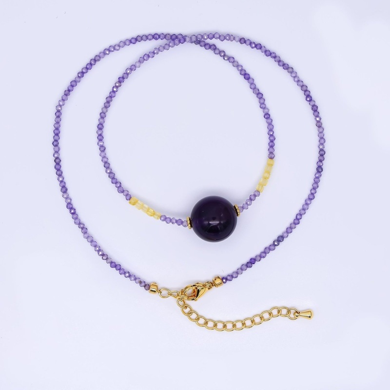 24K Gold Filled Amethyst Natural Gemstone Shades of Purple Beaded Chain Necklace 16.53 Inch with Extender | WA-3346