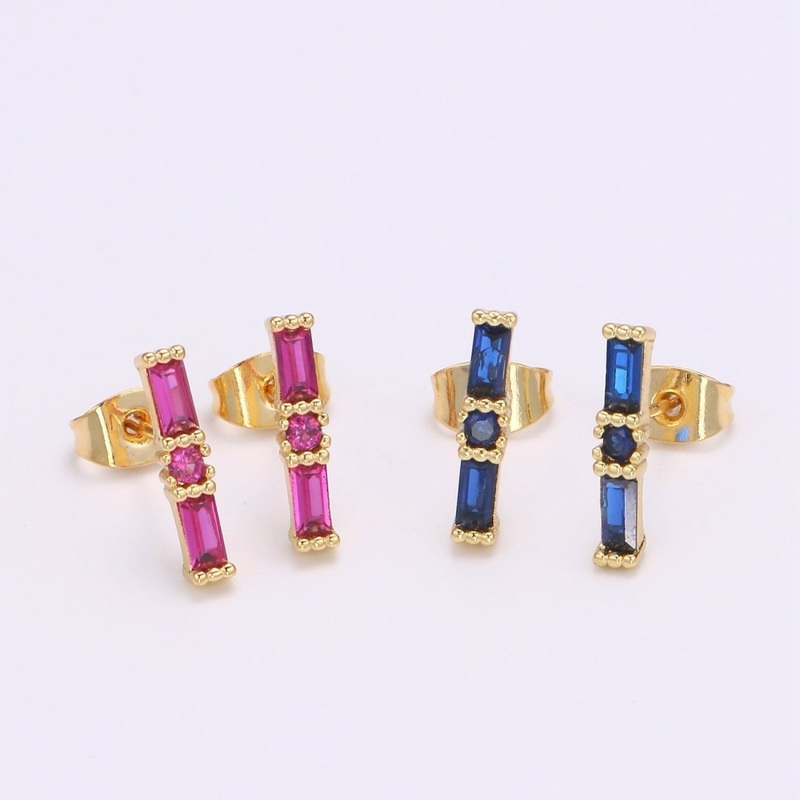 24K Gold Filled Blue / Fuchsia Baguette CZ Stud Earrings | Q-498 Q-499 Blue