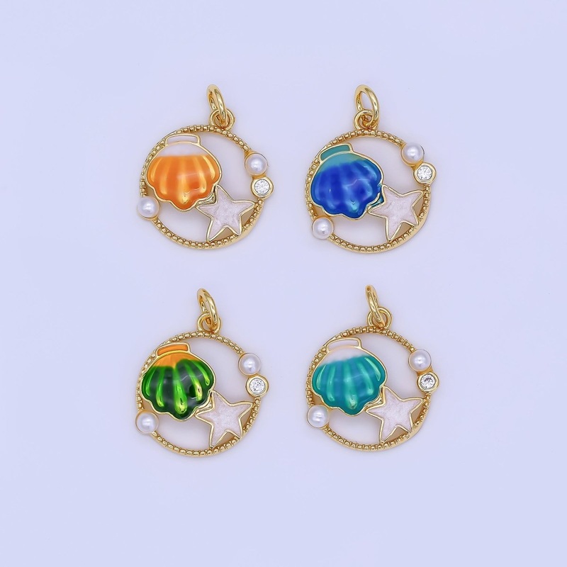 24K Gold Filled Orange, Blue, Orange Sea Clam Shell Starfish Open Round Charm | AF508 – AF509 Orange