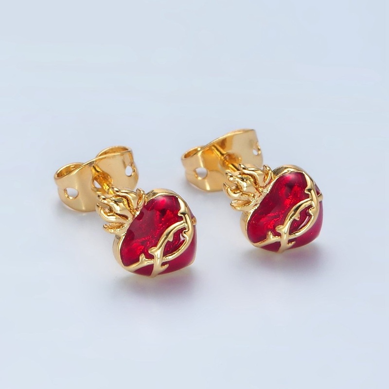 24K Gold Filled Sacred Heart CZ Stud Earrings | AD606