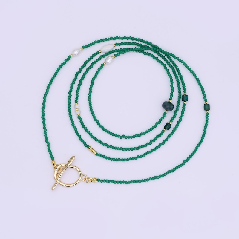 24K Gold Filled Shell Pearl Green Crystal Gemstone 40 Inches Necklace | WA-3084